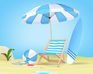 Summer background with 3D cartoon Summer blue white beach umbrella, beach chair, beach ball and surfboard