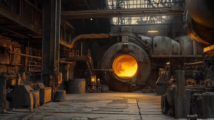 Giant industrial furnace burning inside steel mill at sunset - Powered by Adobe