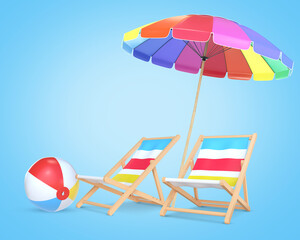 Summer background with 3D cartoon colorful beach umbrella, beach chairs and beach ball