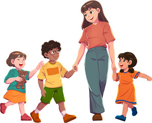 Woman Volunteer Playing with Orphanage Children Illustration