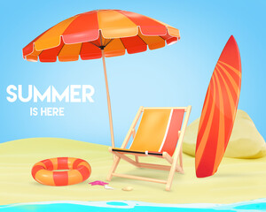 Summer Is Here background with 3D cartoon colorful beach umbrella, beach chairs and beach ball