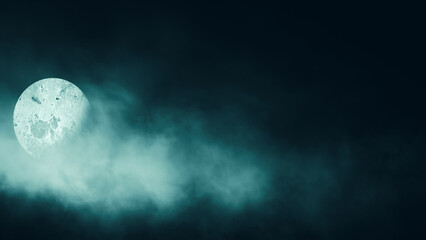 Moon on cloudy sky with smoke fog. Spotlights night mystical atmosphere.
