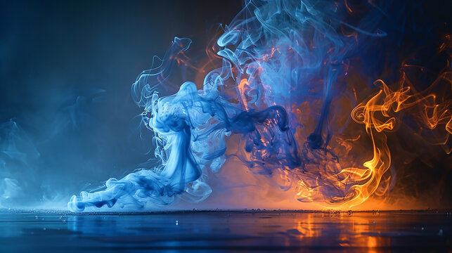A mesmerizing dance of blue and orange smoke intertwines in abstract harmony, symbolizing the eternal balance of fire and water, chaos and calm, captured in an artistic display of motion.
