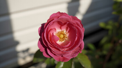 Close-up of a velvety crimson rose bloom with soft focus background capturing natural sunlight and delicate petals