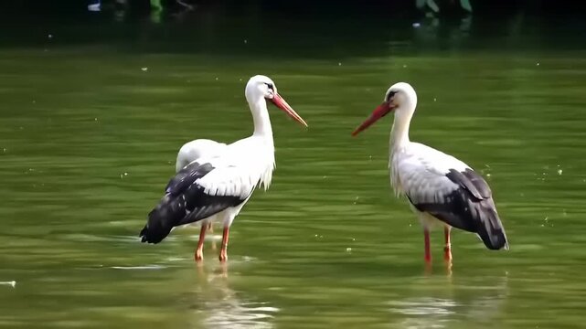 White storks wading with lake, and nature.