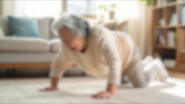 ぼかし背景素材: 居間で転倒した高齢者がゆっくりと自力で起き上がろうとする  シニアライフのイメージ