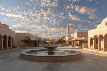 Obraz premium Peaceful morning light illuminates open plaza, central fountain, traditional courtyard building