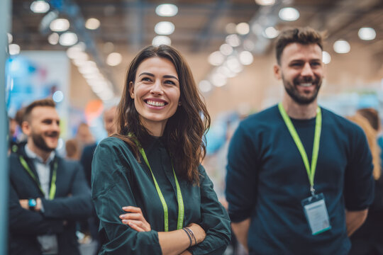 Businesswoman acts as inspiring mentor at trade show, guiding younger professionals with wisdom encouragement, symbolizing knowledge sharingin business community.