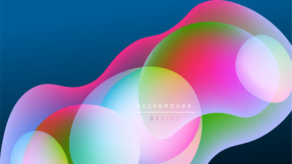 Abstract fluid shapes overlap, creating vibrant color blends. Dark background emphasizes bright translucent forms. Modern design element.
