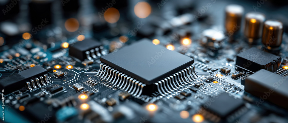 Poster banner of close-up view of a microchip on a circuit board with glowing lights and electronic compone