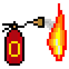 Fire extinguisher spraying fire in pixel art style isolated on white background