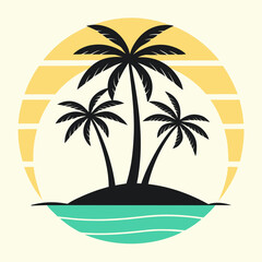 Fototapeta premium Vector art of tropical island with palm trees silhouette at sunset isolated on white background