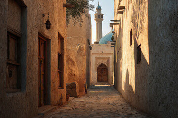 Obraz premium Peaceful narrow alley leading toward an ancient mosque, bathed in warm golden sunlight