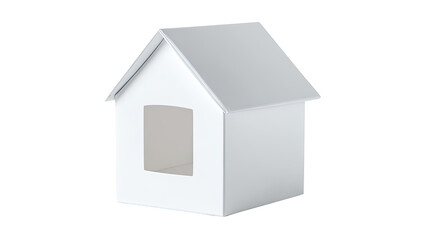 A simple, white, three-dimensional house model.  A small, geometric house, solid white, with a window