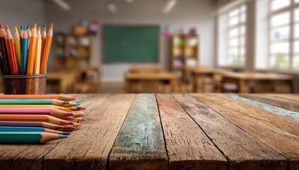 Colorful pencils on rustic wooden classroom table