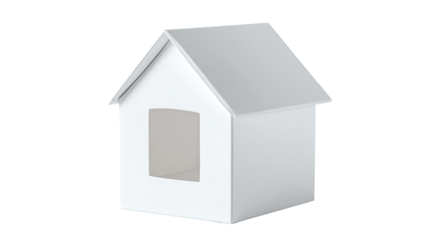 A simple, white, three-dimensional house model.  A small, geometric house, solid white, with a window