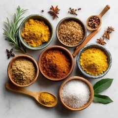 Colorful spice collection in small bowls on a light surface