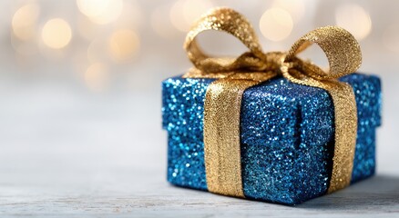 Small, blue gift box with gold ribbon