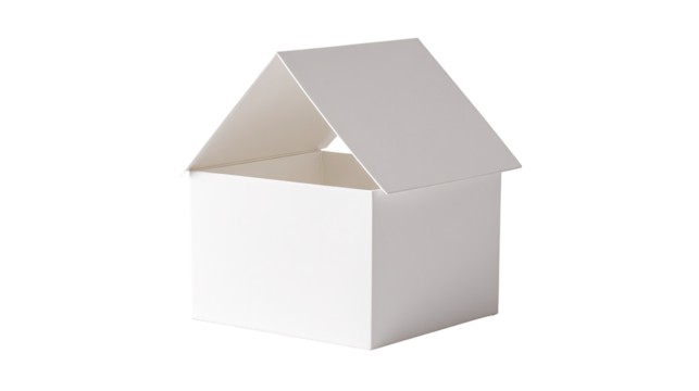 A simple, white, box-shaped house.  It's a miniature, flat structure, appearing as a  gift box or container