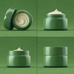 Four views of a dark-green cosmetic jar with creamy-white product