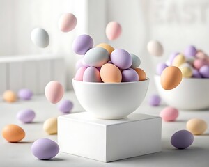 Fototapeta premium Soft pastel colored easter eggs falling into a white bowl on a light background