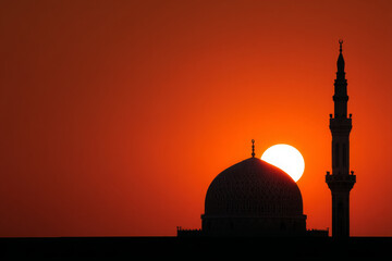 Orange sunset bathes serene mosque, dome minaret silhouetted, evoking spiritual peace