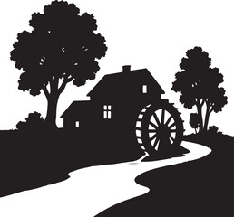 Fototapeta premium Silhouette of a watermill building with a water wheel beside a winding river and trees structure architecture