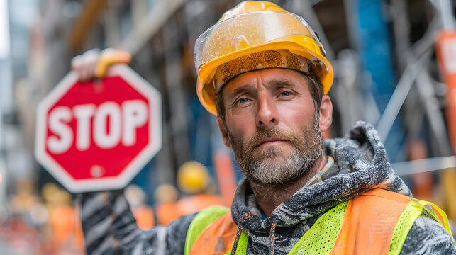 a construction worker, cla in a high-visibility reflctive vest and a safety hemet, standing authoritativly at a bustling road consruction site. He is firmlyholding up a stop sign
