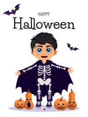 Boy in Skeleton Costume with Pumpkins Halloween Vector Card Concept of banner, greeting card, invitation, poster. Vector illustration.