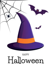 Halloween card with witch hat, bats and spider web with creepy spider. Concept for banner, greeting card, invitation, poster. Vector illustration.