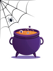 Halloween Background with Cauldron and Spider Web Vector.  Concept for banner, greeting card, invitation, poster, background. Vector illustration.