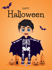 Boy in Skeleton Costume with Pumpkins Halloween Vector Card Concept of banner, greeting card, invitation, poster. Vector.