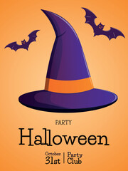 Halloween party invitation with bat and witch hat. Concept for banner, greeting card, invitation, poster, background. Vector illustration.