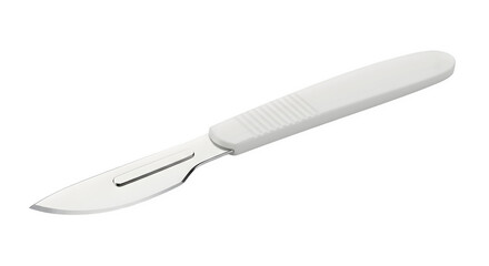 Fototapeta premium Sterile Scalpel features silver blade and white textured handle isolated for medical display, product photography, or branding.