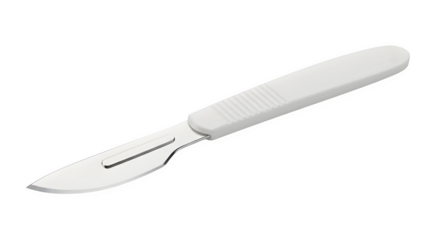 Sterile Scalpel features silver blade and white textured handle isolated for medical display, product photography, or branding.
