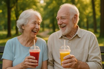Happy senior couple enjoying fresh fruit smoothies together outdoors in park
