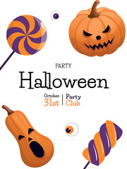 Halloween party invitation with pumpkin and lollipops. Concept of banner, greeting card, invitation, poster. Vector illustration.