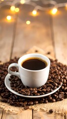 Fototapeta premium Coffee cup with beans on rustic table, warm lighting