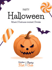Halloween party card with scary Pumpkin. Concept of banner, greeting card, invitation, poster. Vector illustration.