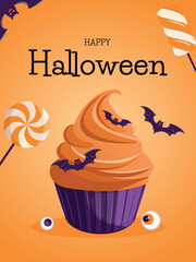 Hand drawn Halloween party invitation poster. Pumpkin cupcake, lollipops, candies and bat. Concept for banner, greeting card, invitation, background, poster. Vector.