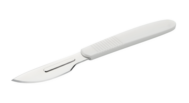 Sterile Scalpel features silver blade and white textured handle isolated for medical display, product photography, or branding.