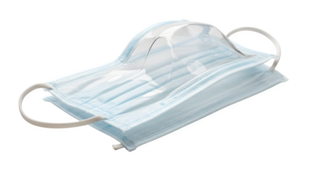 Shows blue surgical mask with clear shield. Features a product photography suitable for protection or health designs.