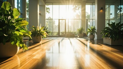 Fototapeta premium Illustration of sunlight streams through the windows of a bright, plantfilled atrium with a wooden floor