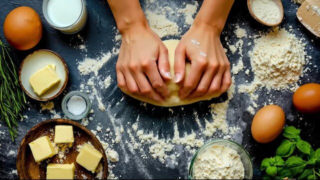 Hands kneading dough on a table with ingredients and tools for baking