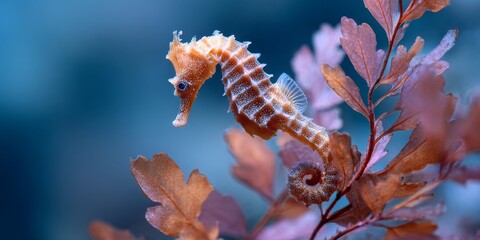 Seahorse swimming near brown seaweed in blue ocean water