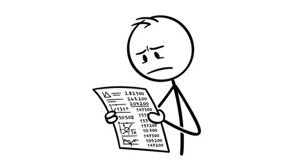 Stick Figure Examines Complex Calculations, Showing Confusion and Concern