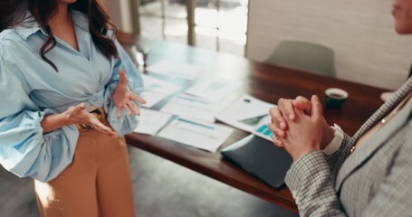 Handshake, meeting and business women in office with deal, welcome or agreement together. Partnership, team and financial manager shaking hands with client for investment, contract or negotiation.