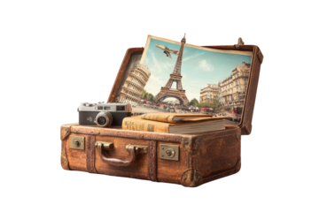 Vintage suitcase open, filled with travel mementos, including a photo of the Eiffel Tower