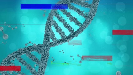 Animation of glitch and molecules over dna chain on blue background - Powered by Adobe