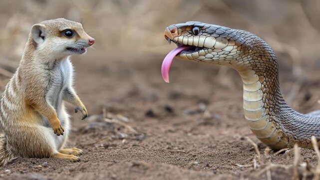 Under the fading light of dusk, a mongoose faces off against a snake in an intense standoff. The tension fills the air as wildlife encounters unfold in the African savanna.